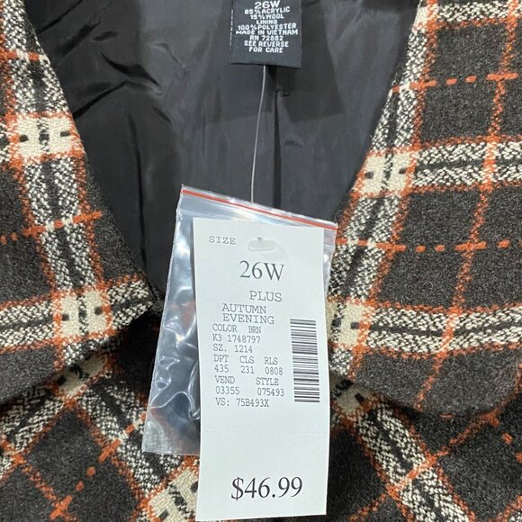 Studio 1940 Womens Plus Size 26W Plaid Wool Blend Jacket W/ 3/4 Sleeves In Brown - Picture 4 of 6